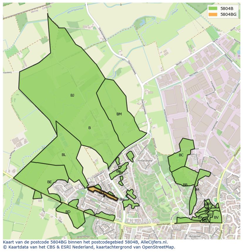 Afbeelding van het postcodegebied 5804 BG op de kaart.