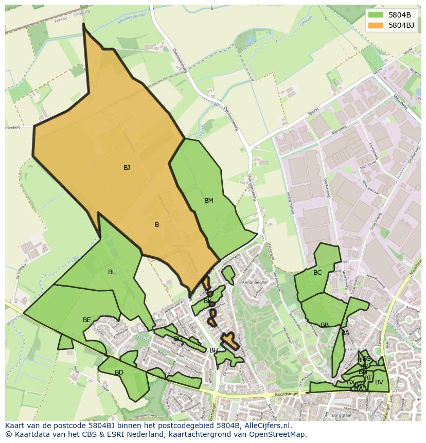 Afbeelding van het postcodegebied 5804 BJ op de kaart.