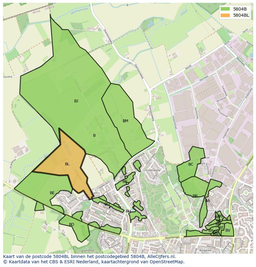 Afbeelding van het postcodegebied 5804 BL op de kaart.