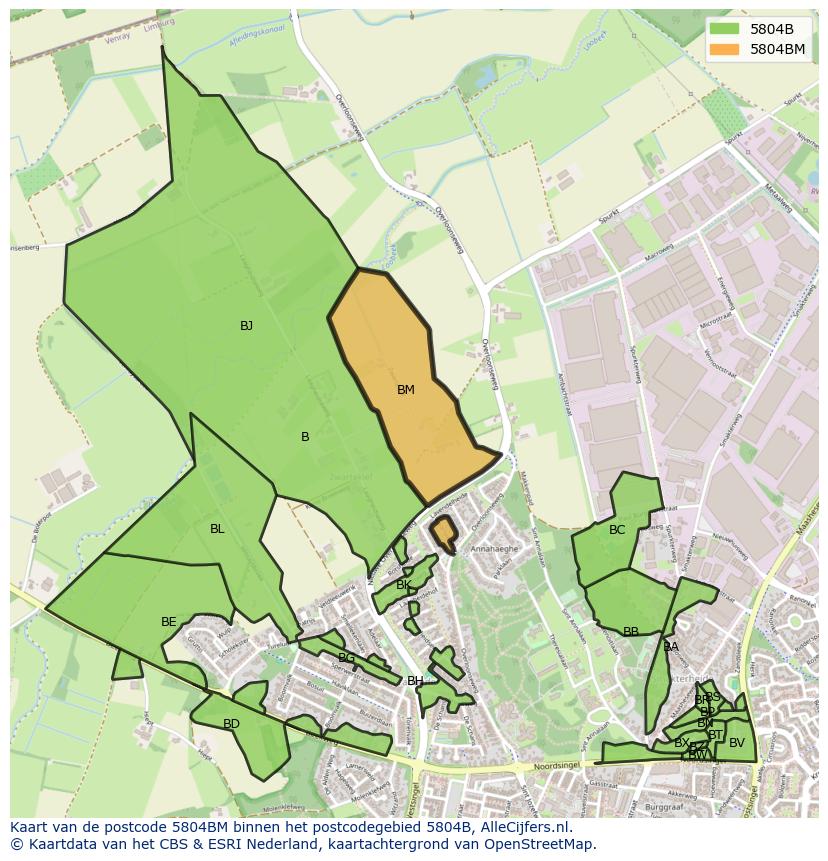 Afbeelding van het postcodegebied 5804 BM op de kaart.