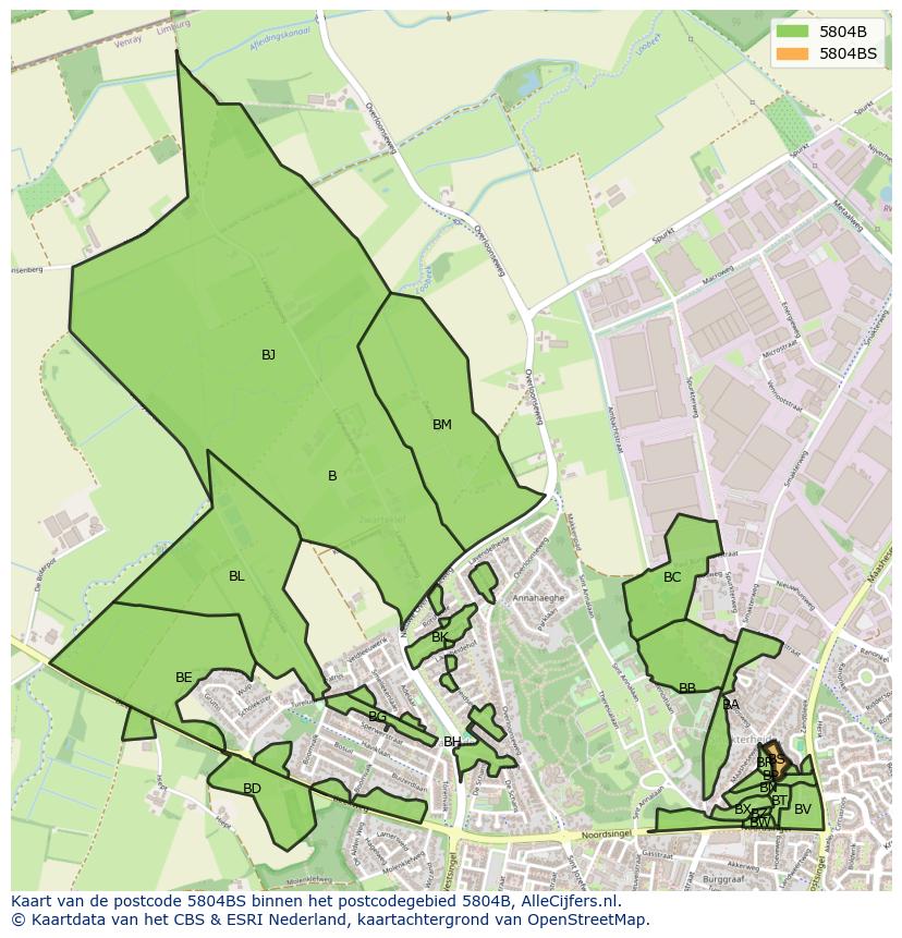 Afbeelding van het postcodegebied 5804 BS op de kaart.