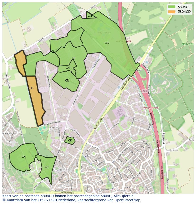 Afbeelding van het postcodegebied 5804 CD op de kaart.
