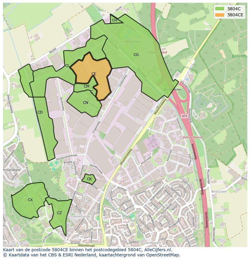 Afbeelding van het postcodegebied 5804 CE op de kaart.