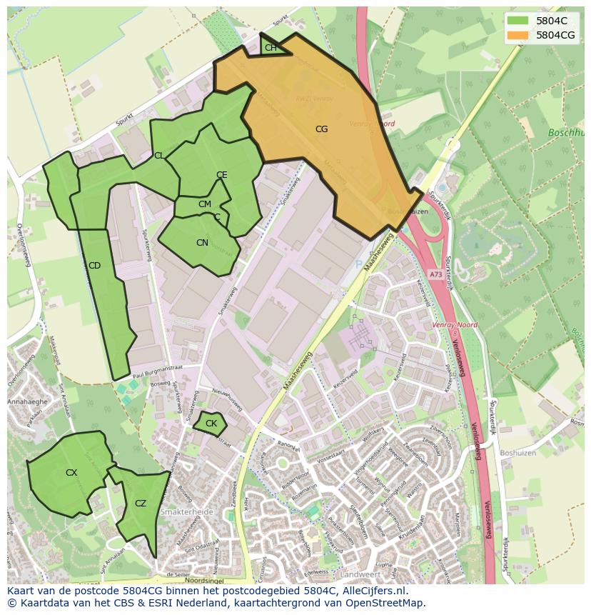 Afbeelding van het postcodegebied 5804 CG op de kaart.