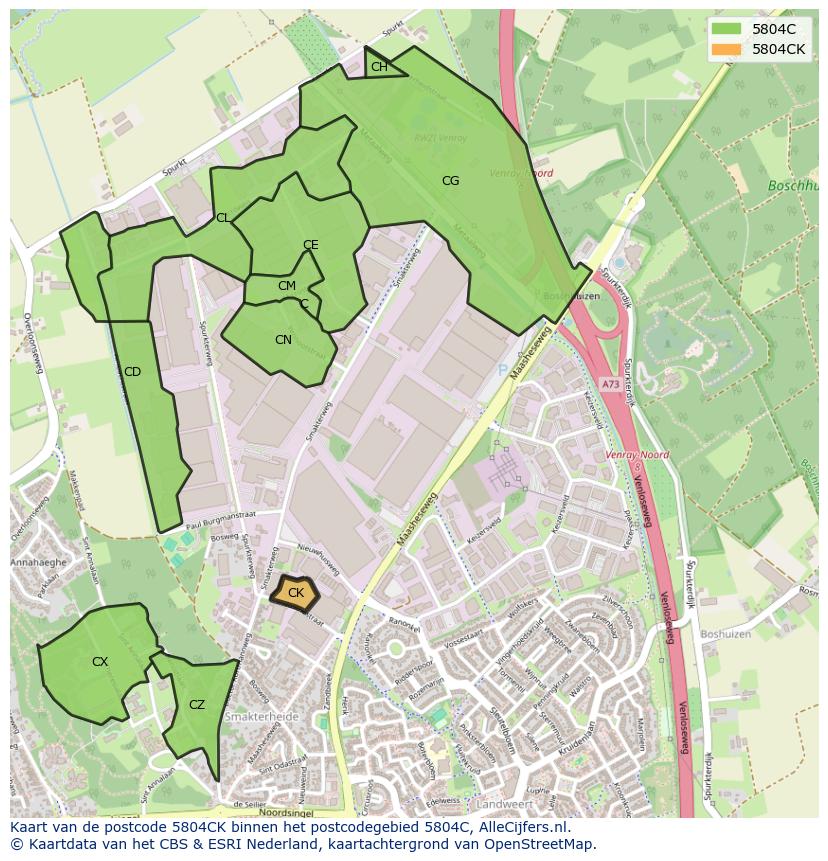 Afbeelding van het postcodegebied 5804 CK op de kaart.