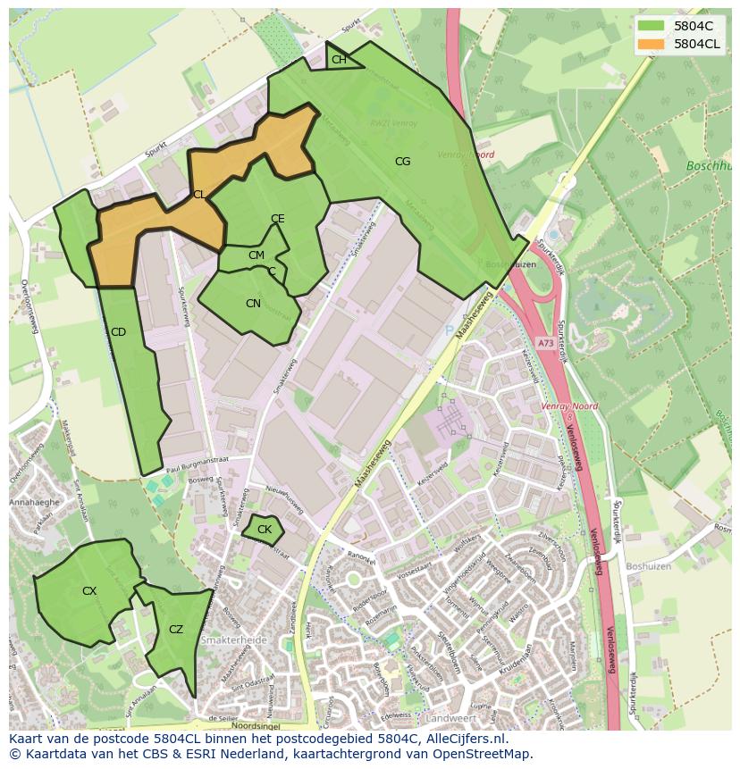 Afbeelding van het postcodegebied 5804 CL op de kaart.