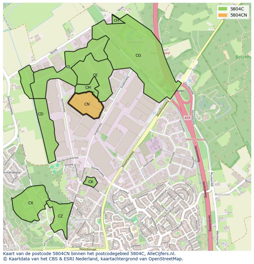 Afbeelding van het postcodegebied 5804 CN op de kaart.