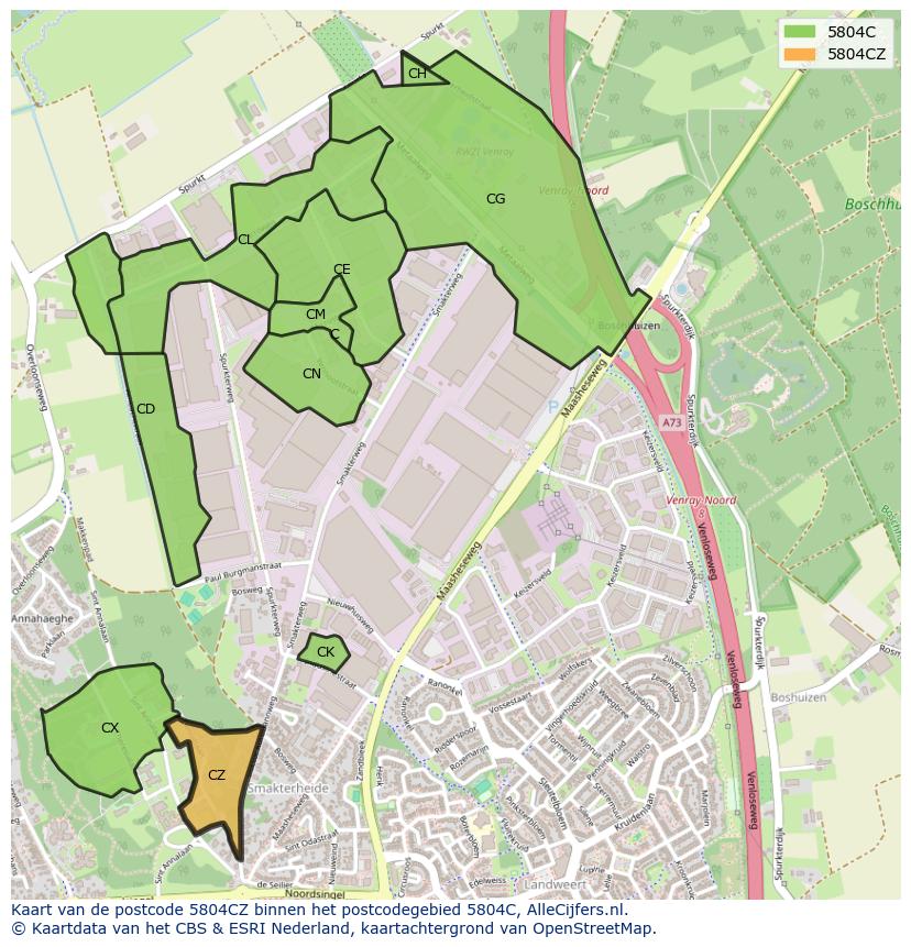 Afbeelding van het postcodegebied 5804 CZ op de kaart.