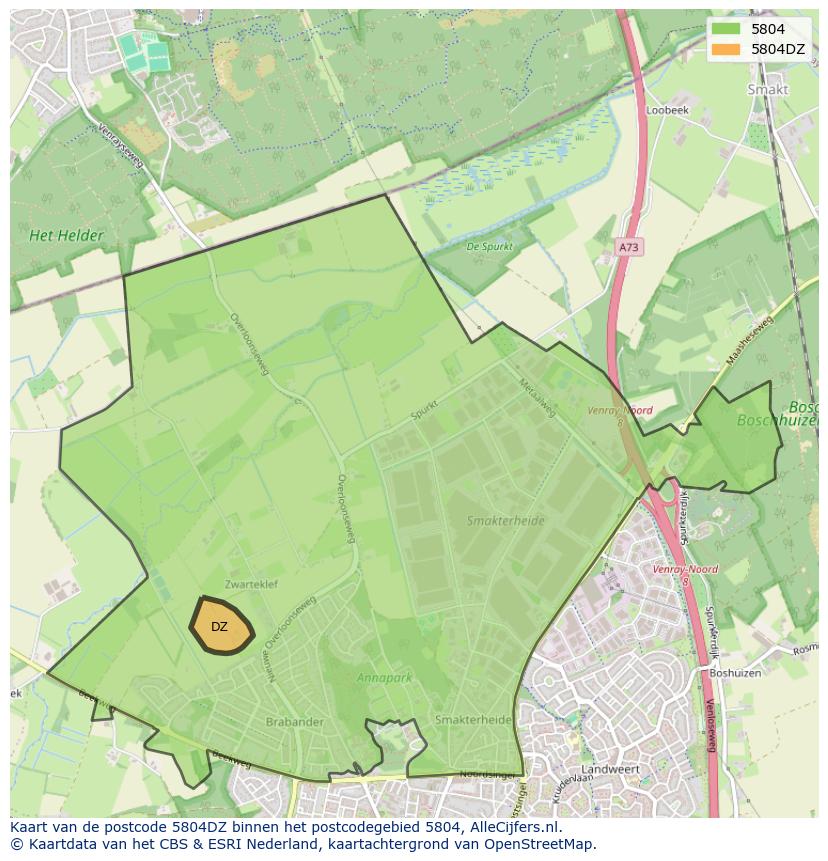 Afbeelding van het postcodegebied 5804 DZ op de kaart.