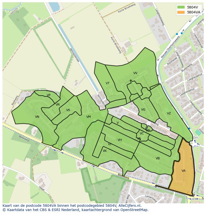Afbeelding van het postcodegebied 5804 VA op de kaart.