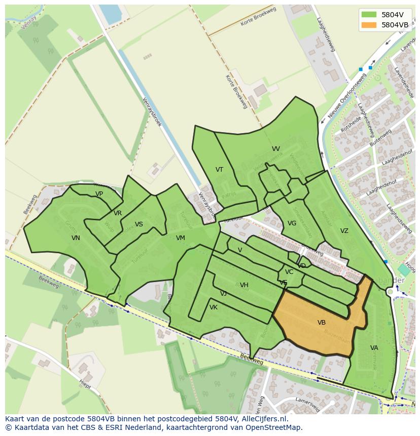 Afbeelding van het postcodegebied 5804 VB op de kaart.