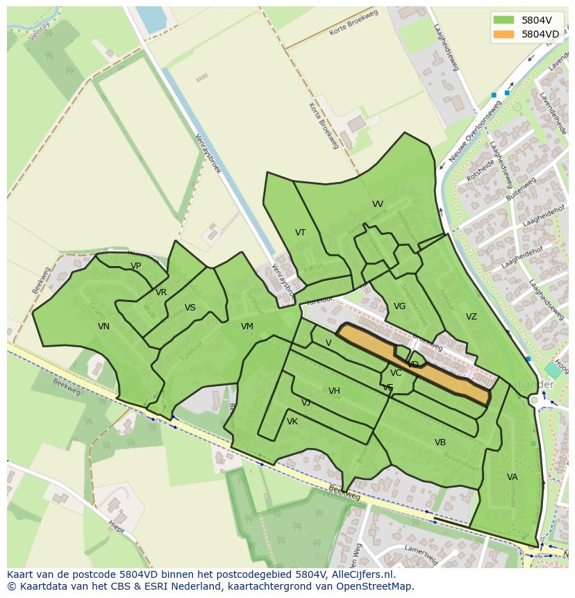 Afbeelding van het postcodegebied 5804 VD op de kaart.