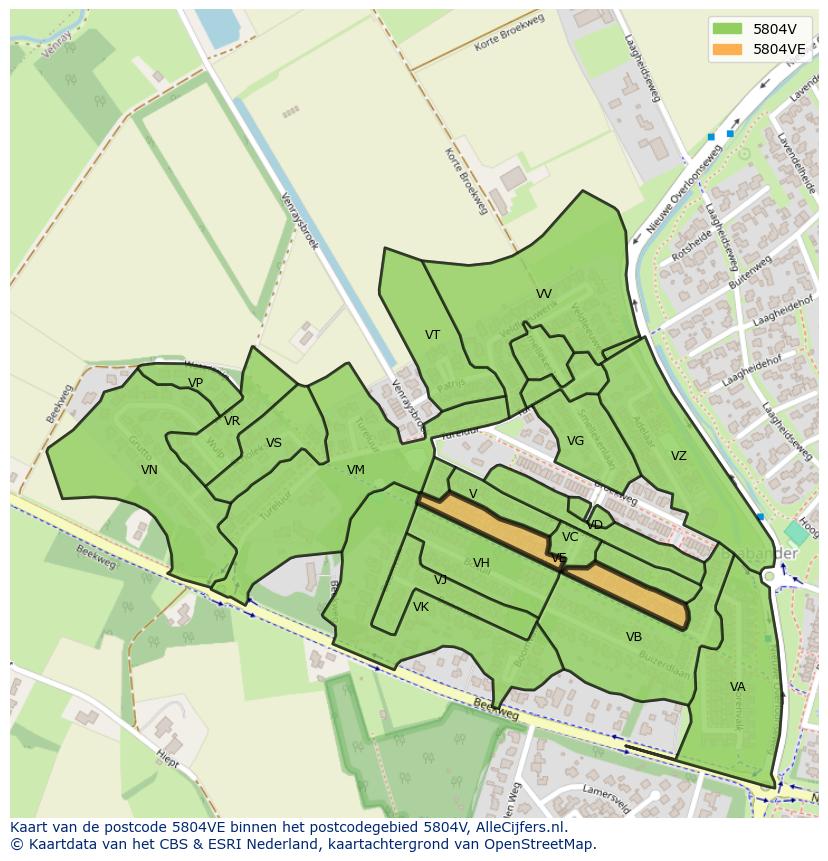 Afbeelding van het postcodegebied 5804 VE op de kaart.