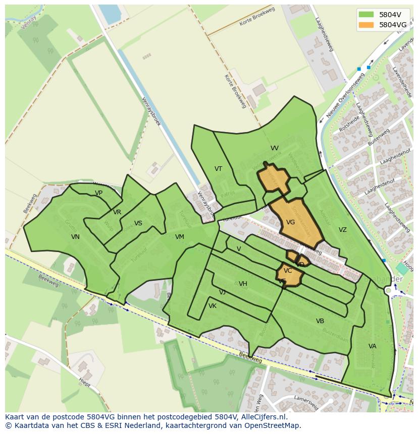 Afbeelding van het postcodegebied 5804 VG op de kaart.