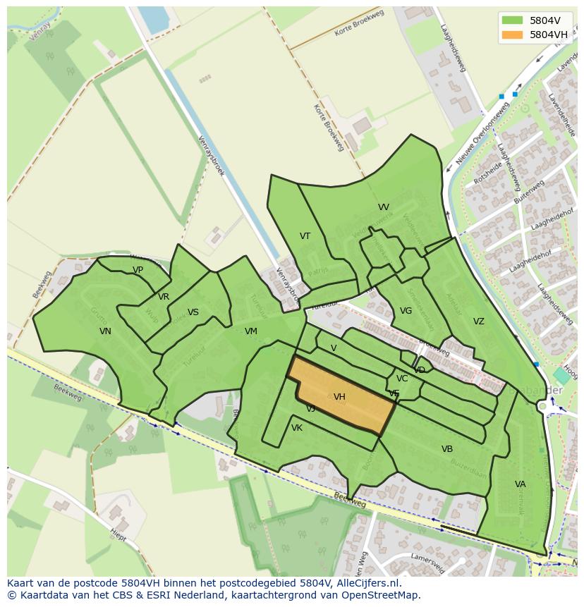 Afbeelding van het postcodegebied 5804 VH op de kaart.