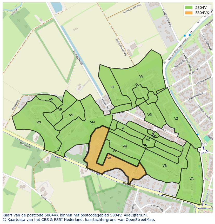 Afbeelding van het postcodegebied 5804 VK op de kaart.