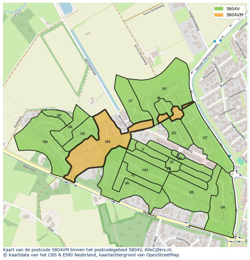 Afbeelding van het postcodegebied 5804 VM op de kaart.