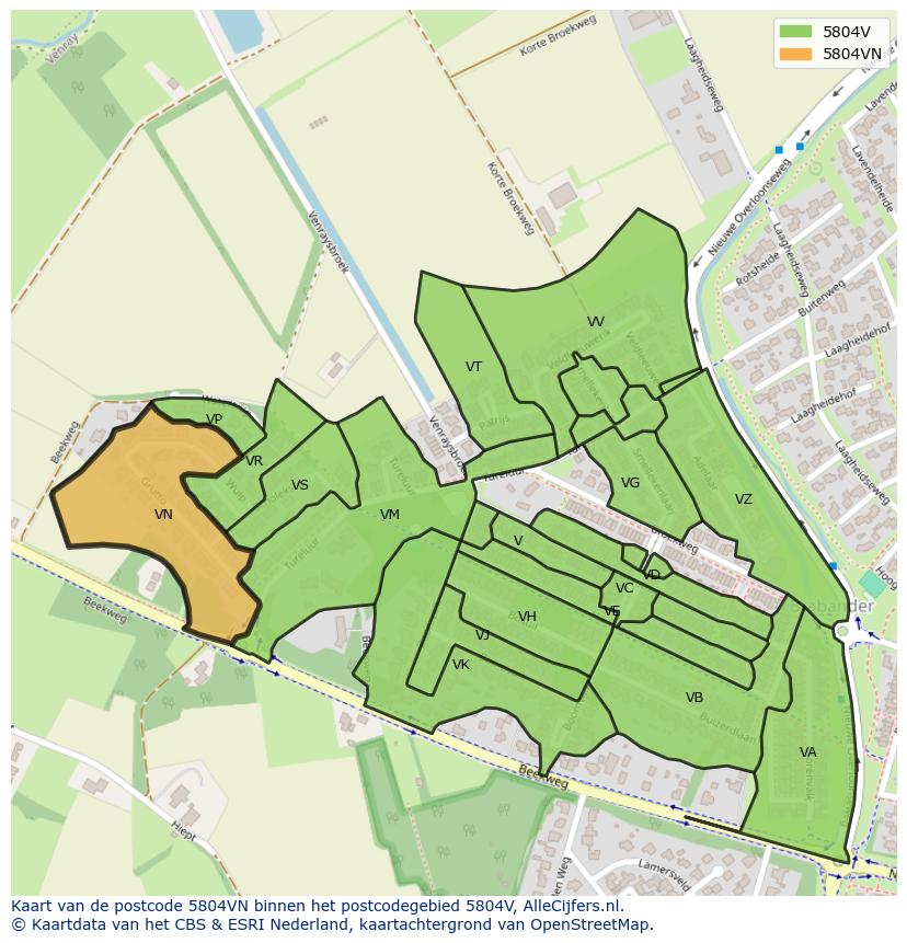 Afbeelding van het postcodegebied 5804 VN op de kaart.