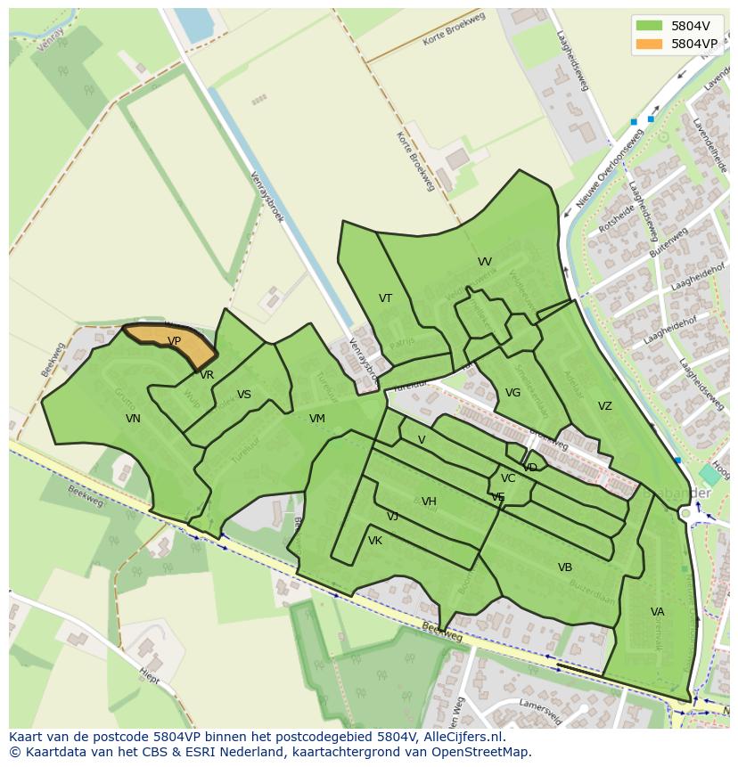 Afbeelding van het postcodegebied 5804 VP op de kaart.