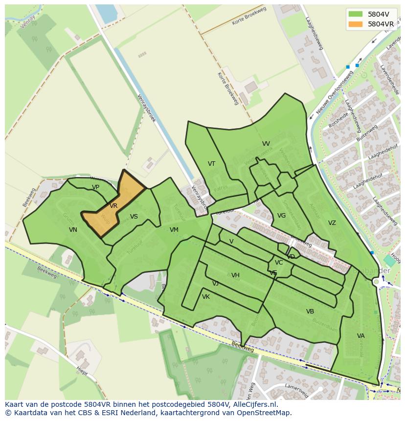 Afbeelding van het postcodegebied 5804 VR op de kaart.