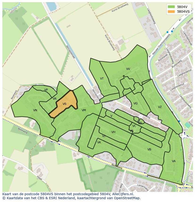 Afbeelding van het postcodegebied 5804 VS op de kaart.