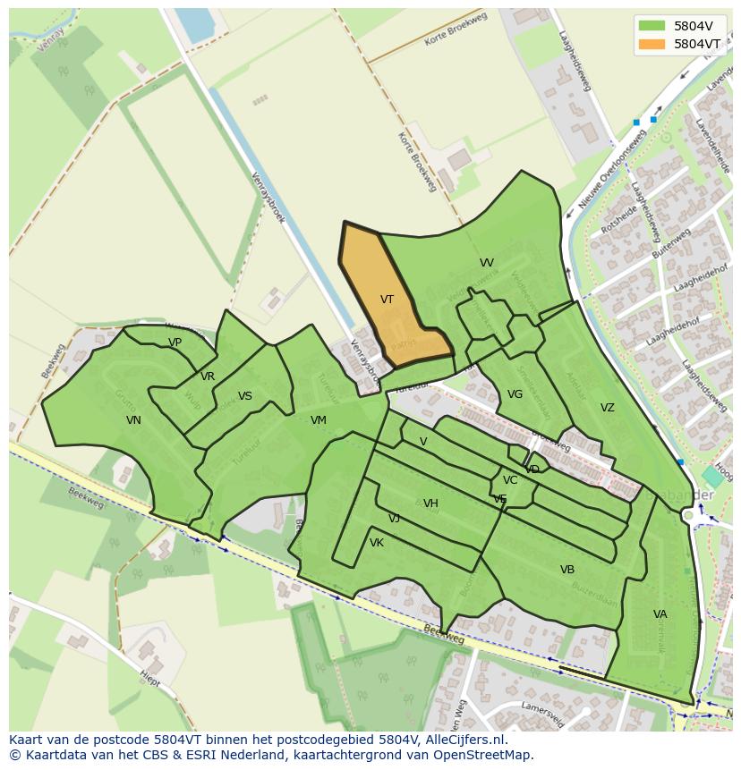 Afbeelding van het postcodegebied 5804 VT op de kaart.