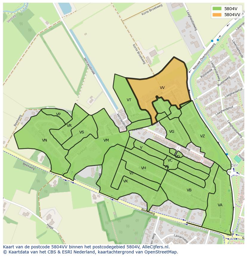 Afbeelding van het postcodegebied 5804 VV op de kaart.