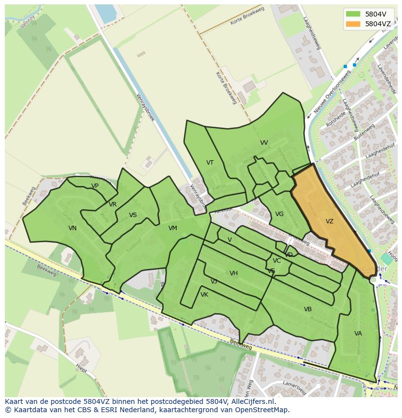 Afbeelding van het postcodegebied 5804 VZ op de kaart.