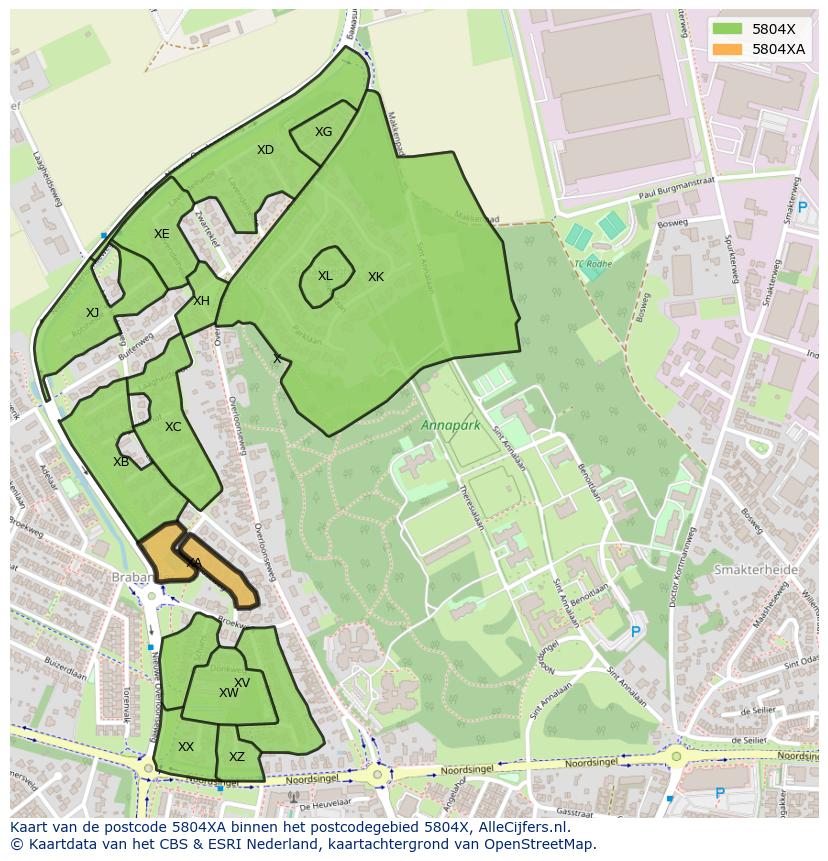 Afbeelding van het postcodegebied 5804 XA op de kaart.