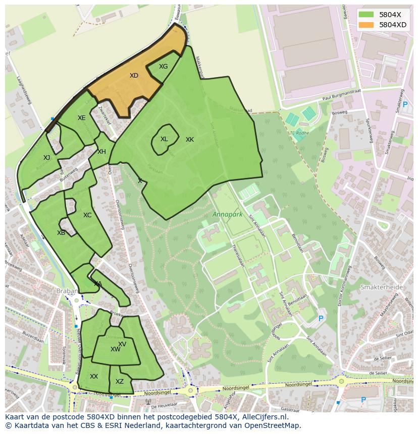 Afbeelding van het postcodegebied 5804 XD op de kaart.