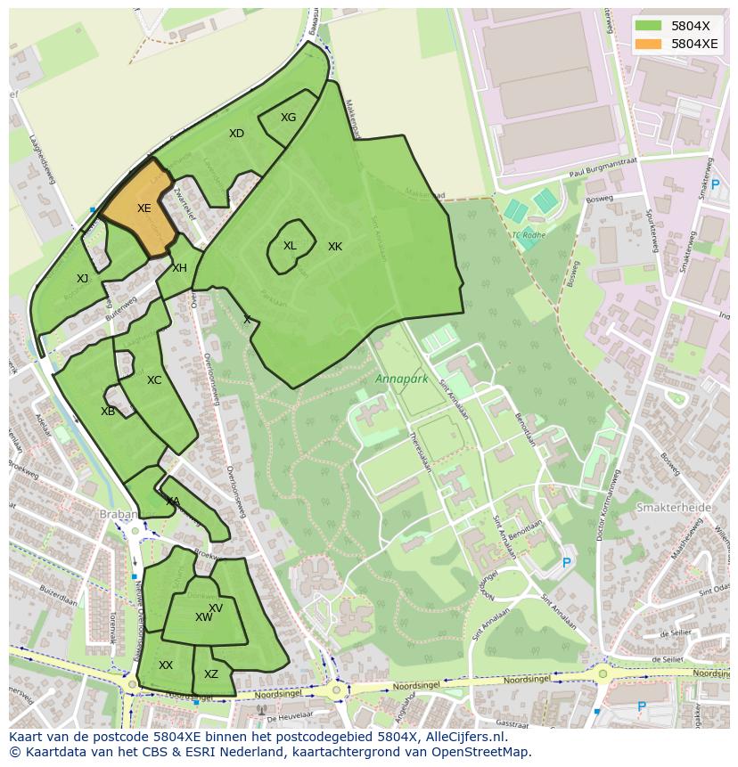 Afbeelding van het postcodegebied 5804 XE op de kaart.