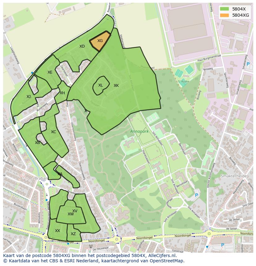 Afbeelding van het postcodegebied 5804 XG op de kaart.
