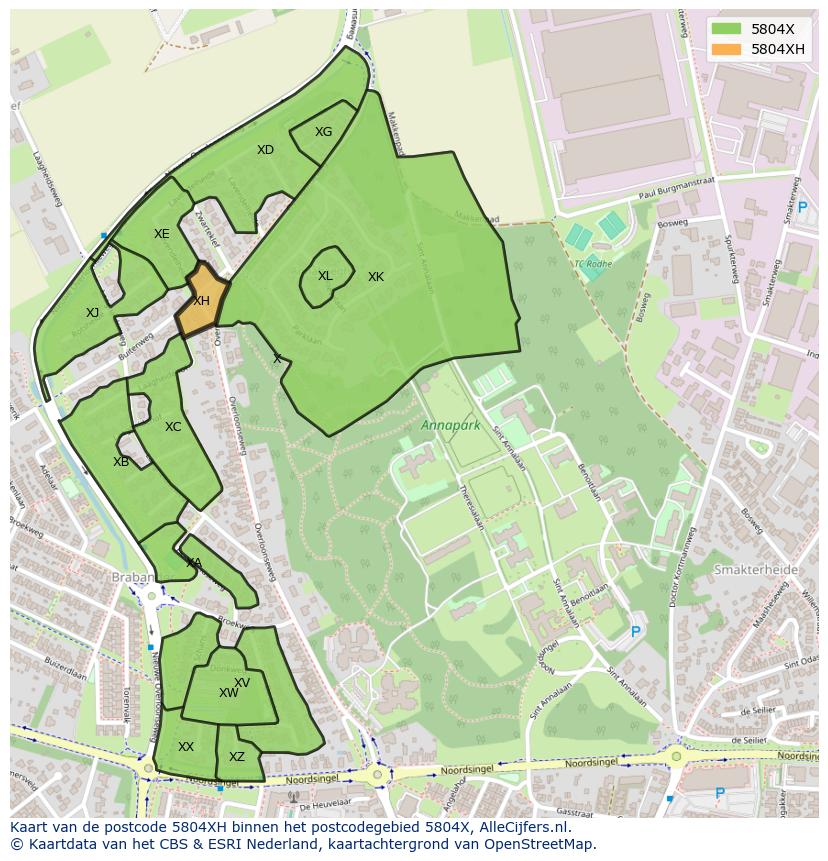 Afbeelding van het postcodegebied 5804 XH op de kaart.