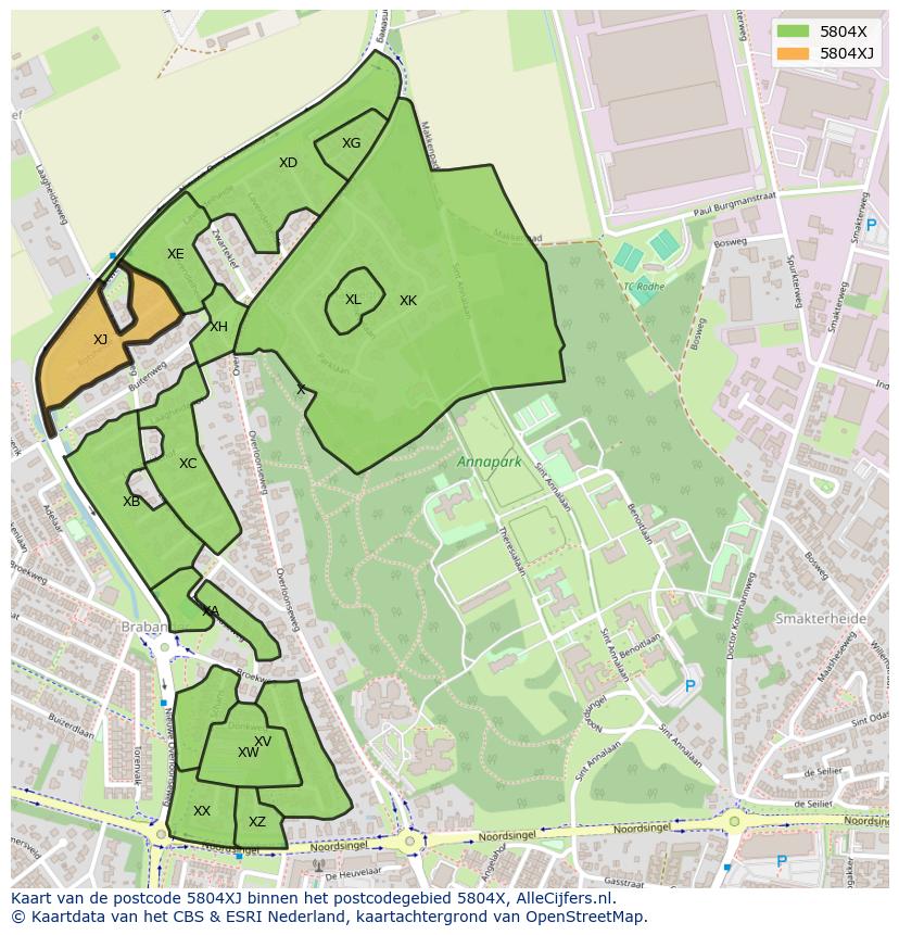 Afbeelding van het postcodegebied 5804 XJ op de kaart.