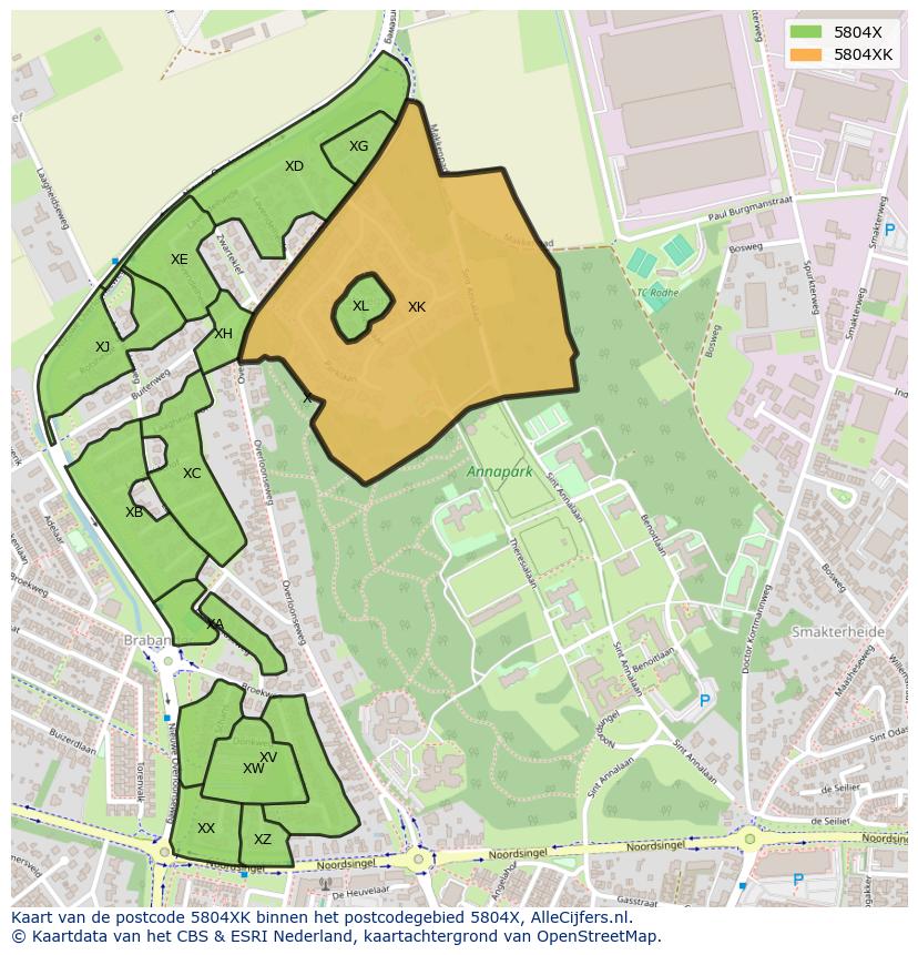 Afbeelding van het postcodegebied 5804 XK op de kaart.