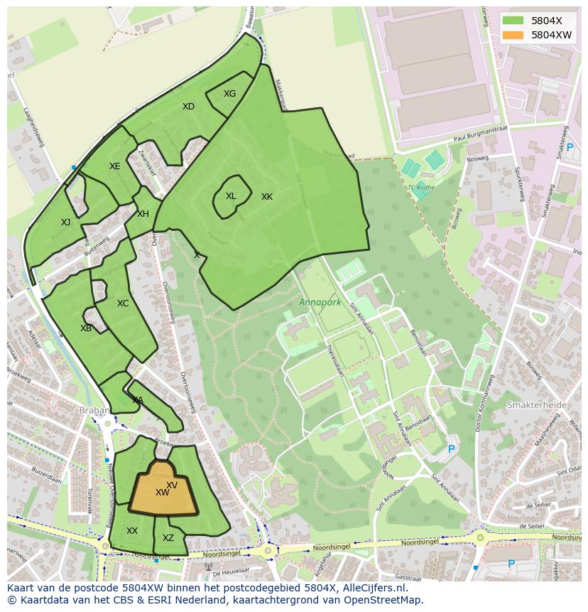 Afbeelding van het postcodegebied 5804 XW op de kaart.