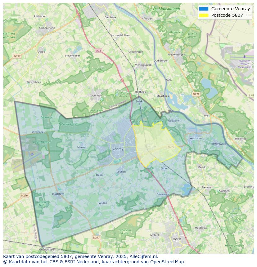 Afbeelding van het postcodegebied 5807 op de kaart.
