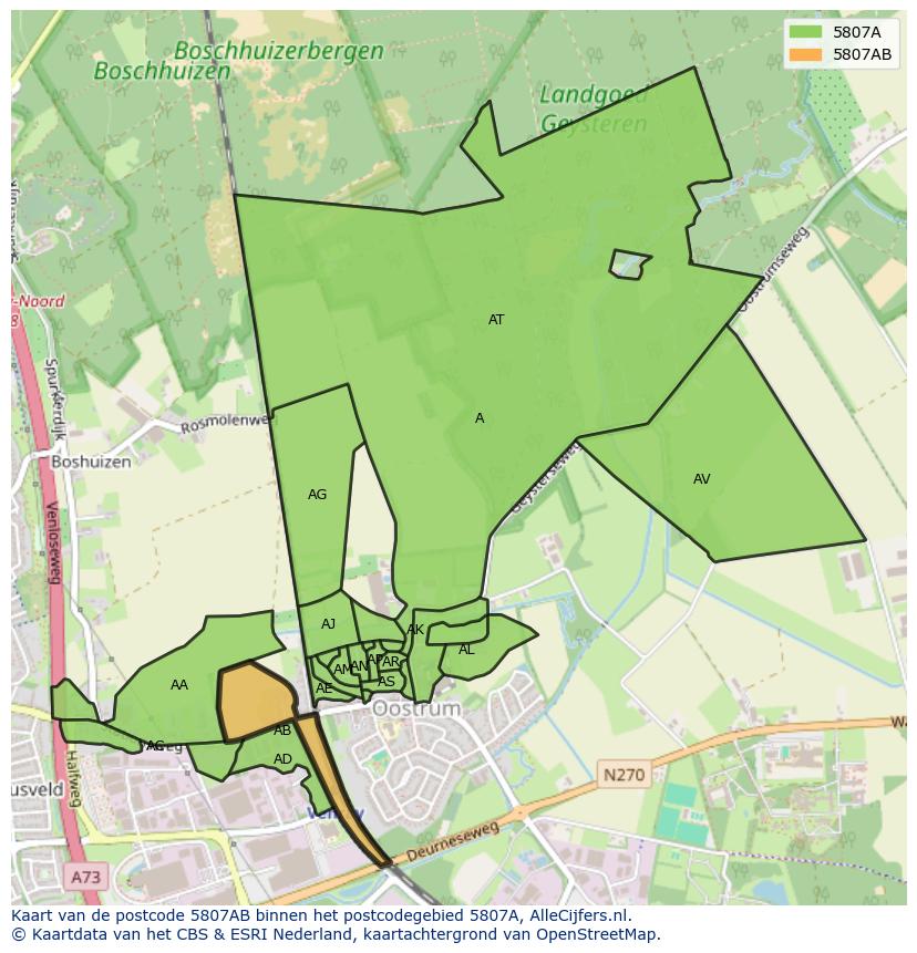 Afbeelding van het postcodegebied 5807 AB op de kaart.