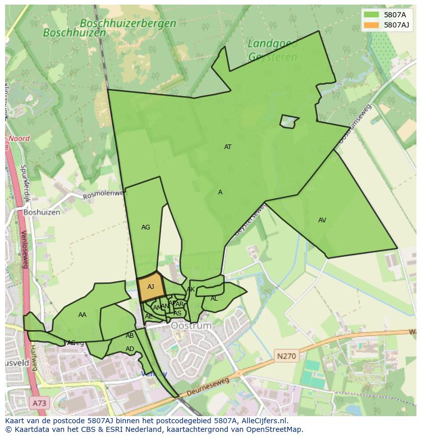Afbeelding van het postcodegebied 5807 AJ op de kaart.