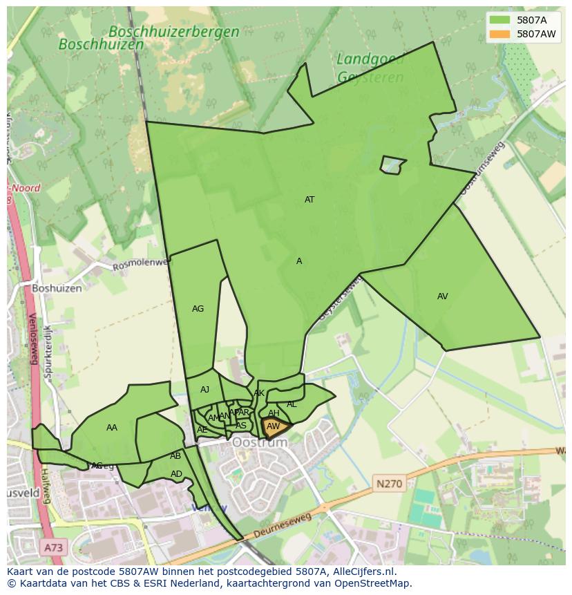 Afbeelding van het postcodegebied 5807 AW op de kaart.