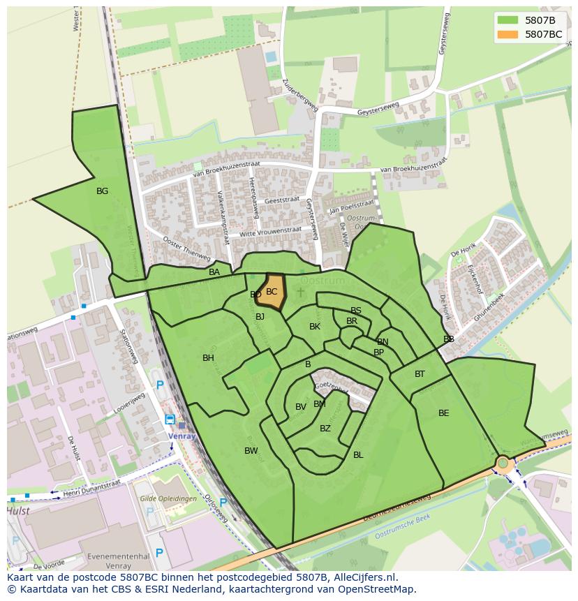 Afbeelding van het postcodegebied 5807 BC op de kaart.