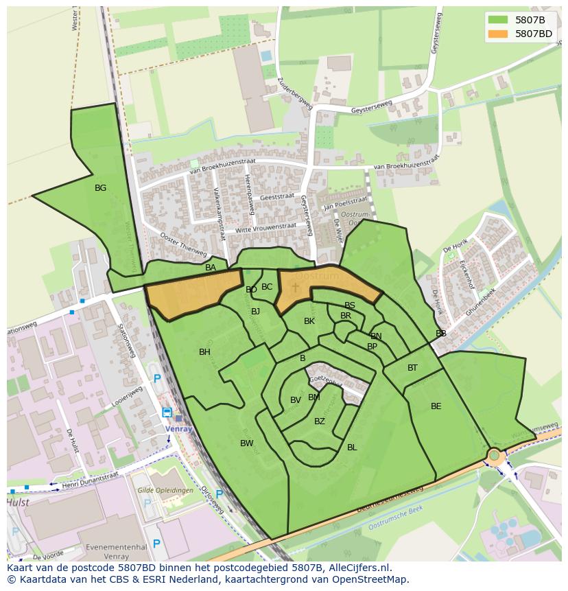 Afbeelding van het postcodegebied 5807 BD op de kaart.