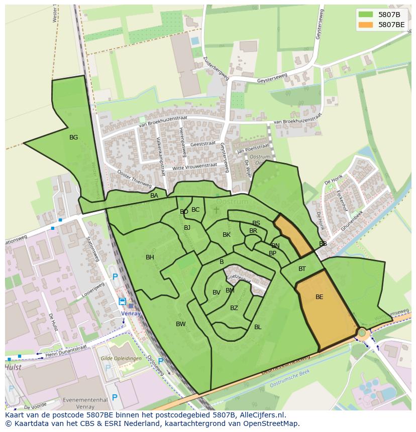 Afbeelding van het postcodegebied 5807 BE op de kaart.