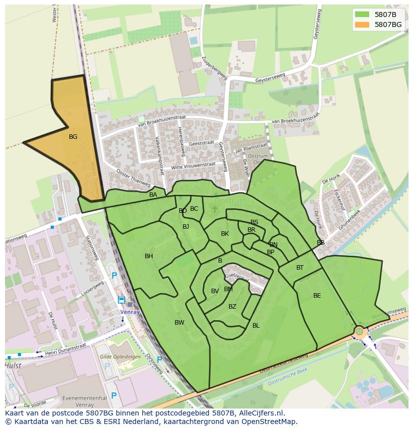 Afbeelding van het postcodegebied 5807 BG op de kaart.