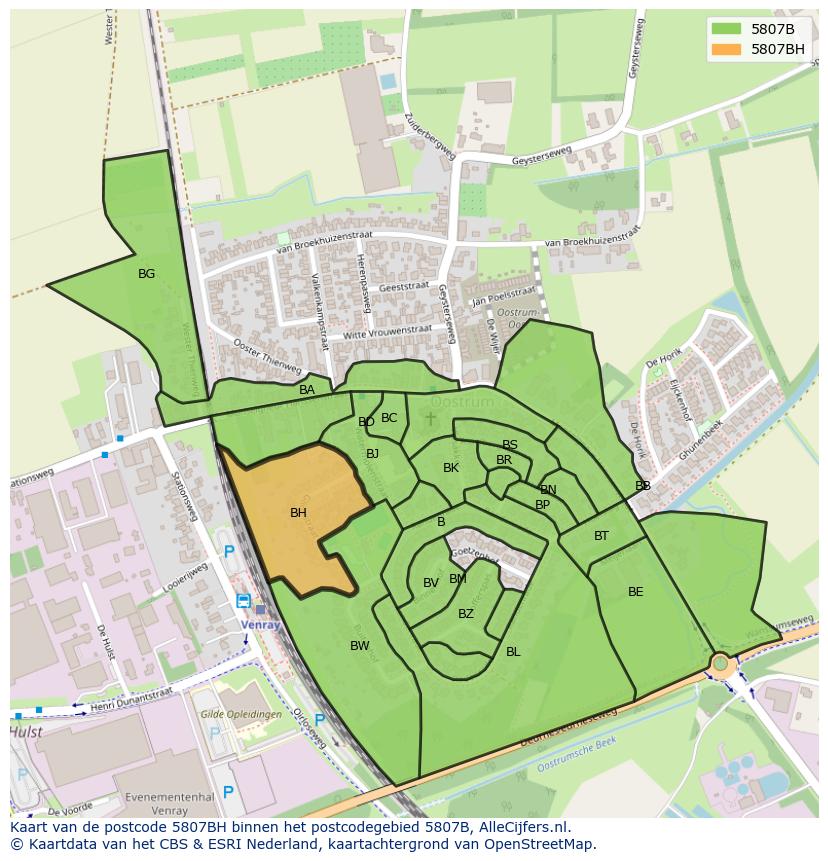 Afbeelding van het postcodegebied 5807 BH op de kaart.