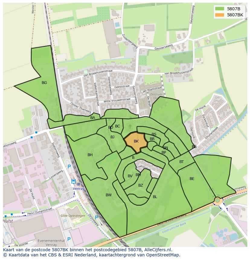 Afbeelding van het postcodegebied 5807 BK op de kaart.