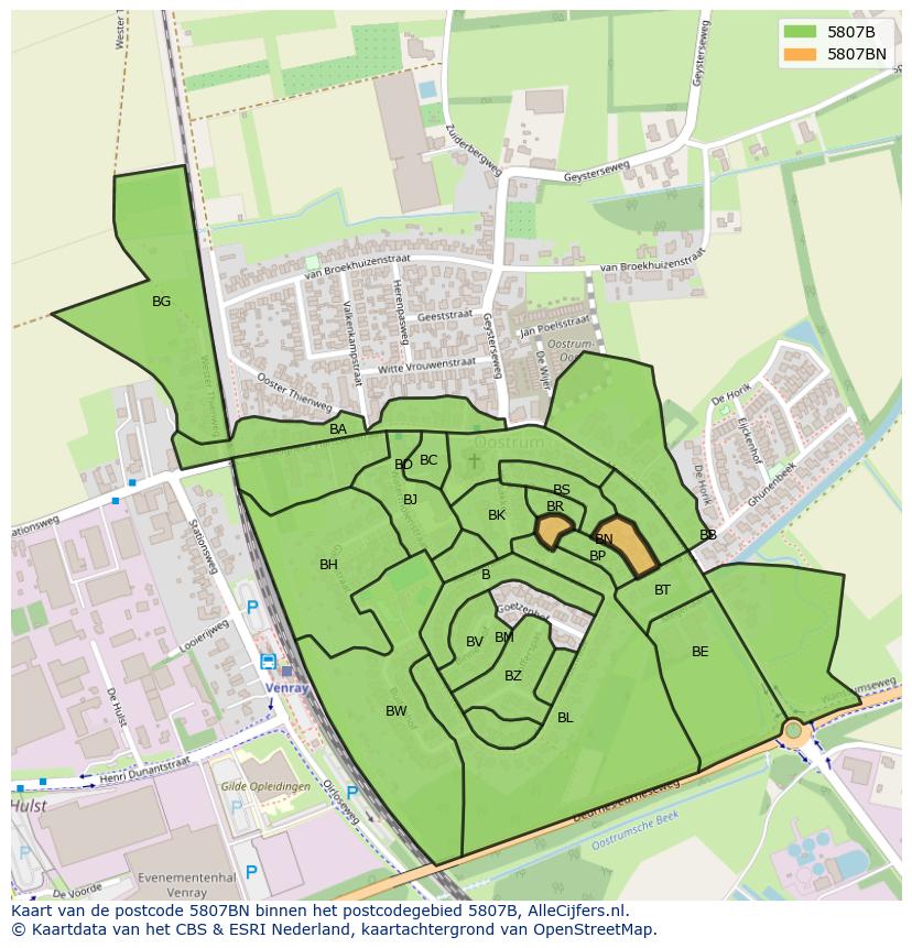 Afbeelding van het postcodegebied 5807 BN op de kaart.