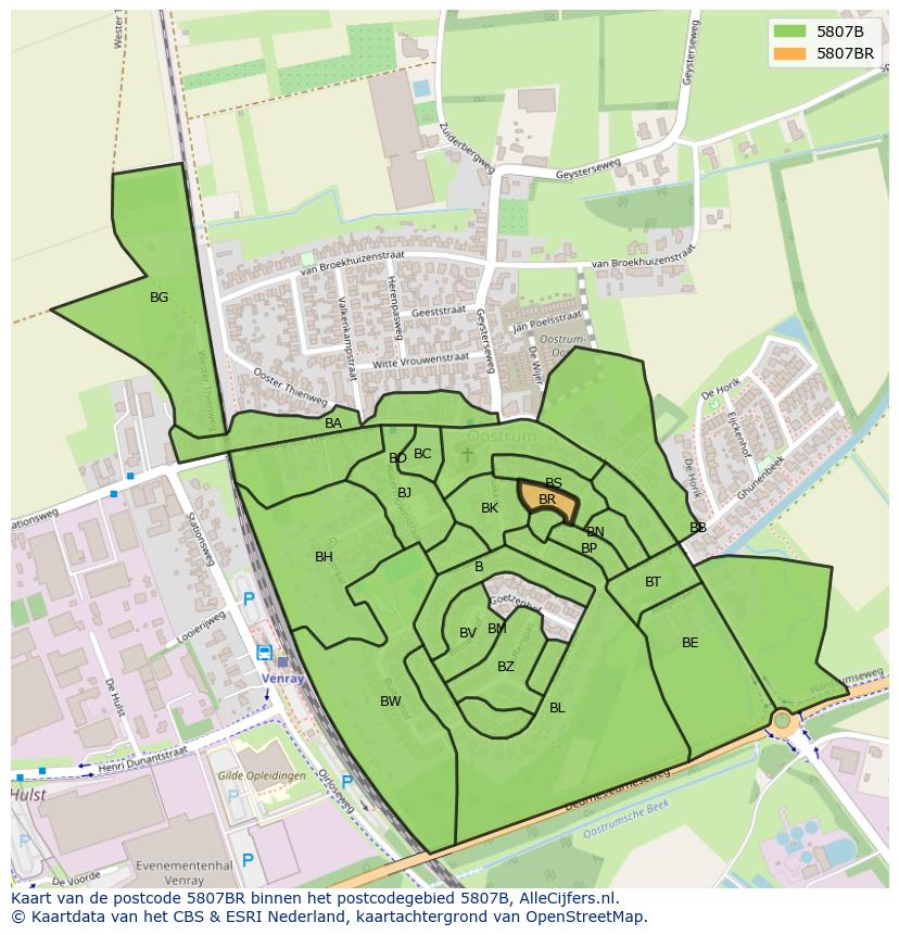 Afbeelding van het postcodegebied 5807 BR op de kaart.