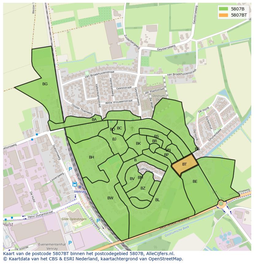 Afbeelding van het postcodegebied 5807 BT op de kaart.