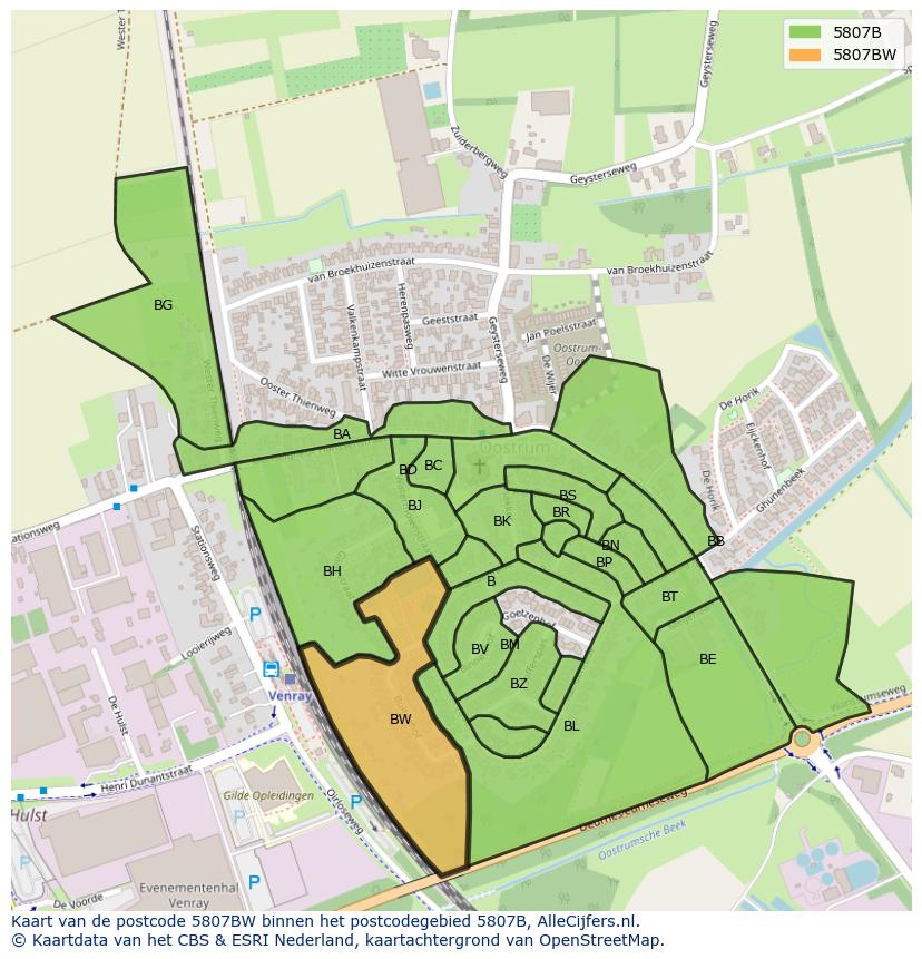 Afbeelding van het postcodegebied 5807 BW op de kaart.
